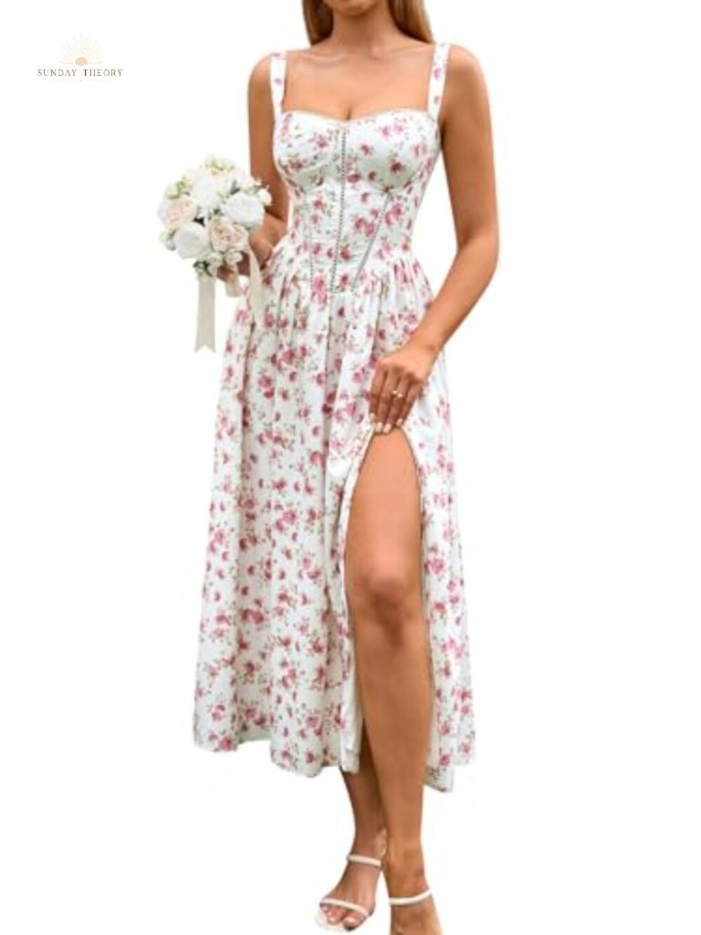Floral Corset Midi Dress Smocked A-Line Square Neck Lace Pockets